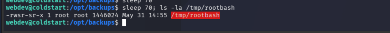 /tmp/rootbash present with SUID bit set after cron fires